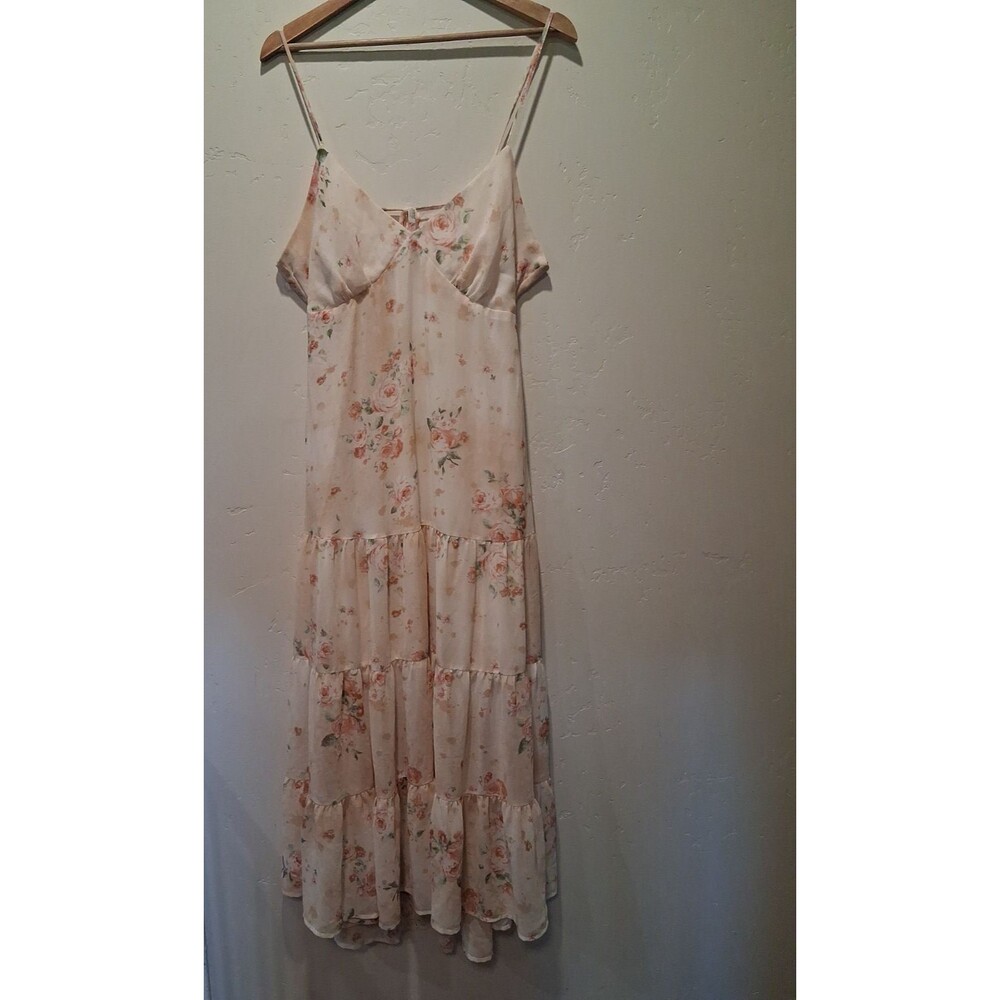 FOREVER 21 Womens Sz XL Peach Floral Hi-Lo Tiered Lined Spaghetti Strappy Dress